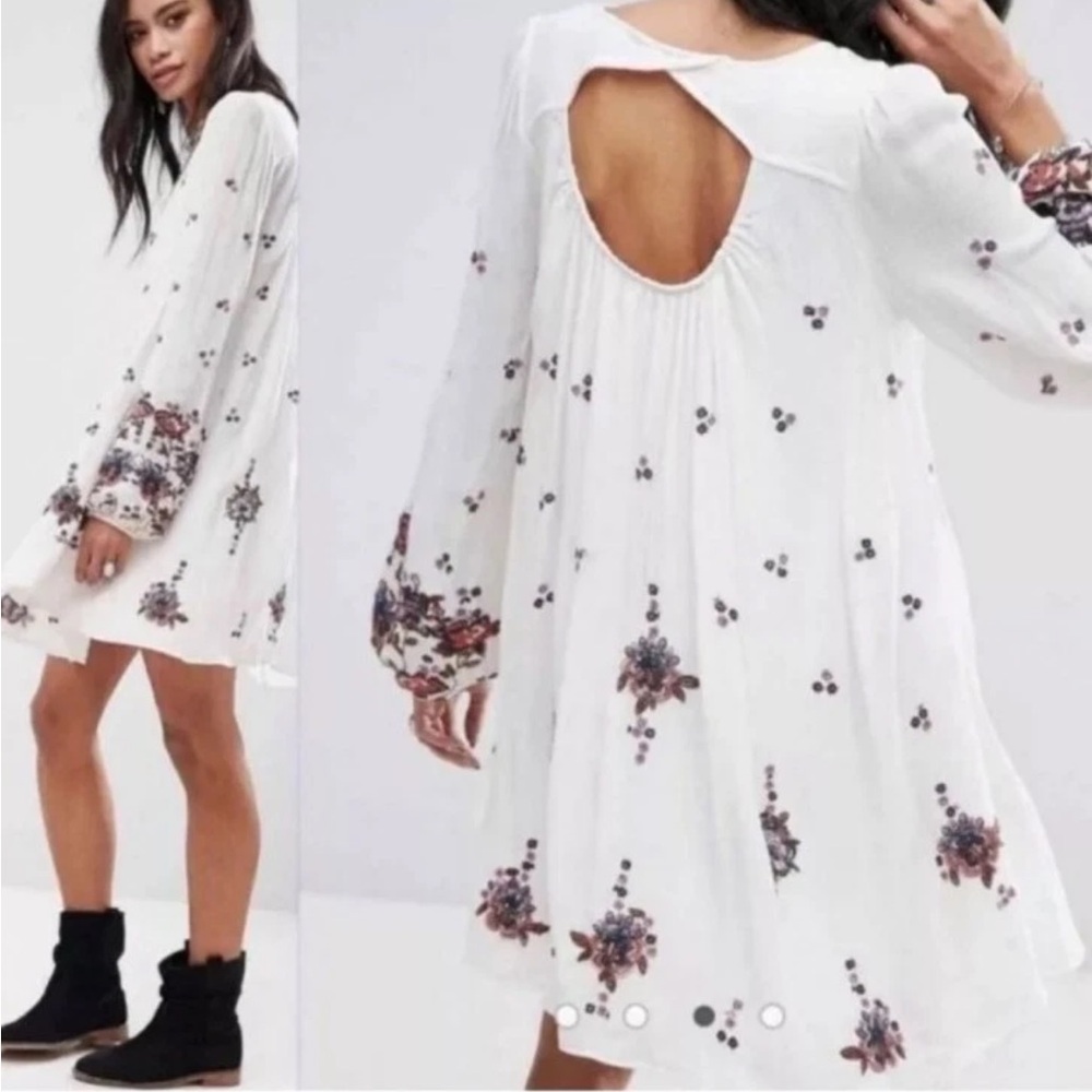 Free People White Flowy Embroidered Long Sleeve Tunic Short Casual Dress